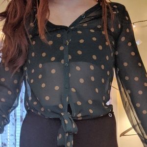 Mine green and gold tie front blouse